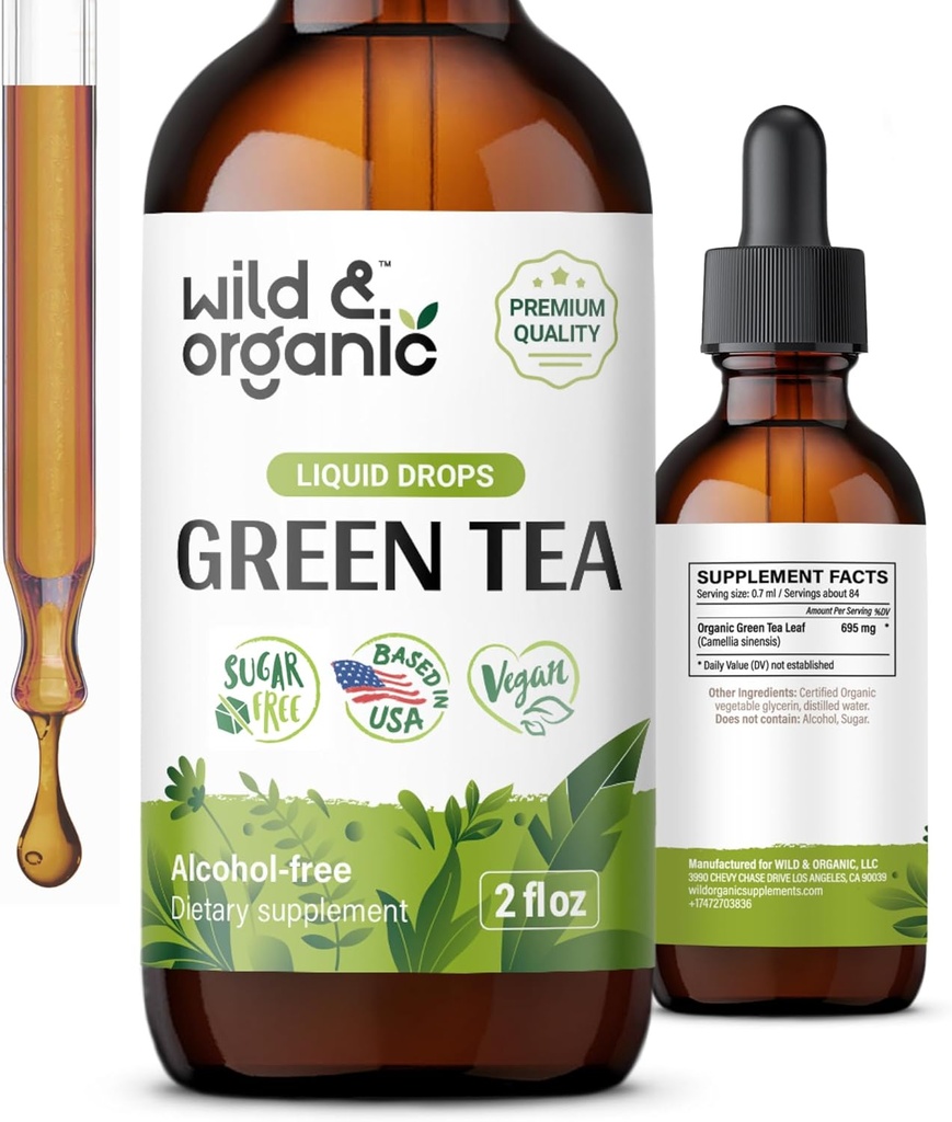 野生和有机绿色茶叶提取液滴 - 抗氧化剂补充剂 - 天然绿色茶叶补充剂 w/Camelia Sinensis - Vegan,糖和无酒精丁基 - 2 fl oz