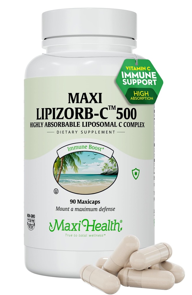 Maxi 健康 Liposomal 维生素C 500mg Capsules 带有消化性混合剂,高吸附性高剂量维生素C,非转基因生物 Kosher 植物学博士-拟型免疫支持补充剂(90个计数)