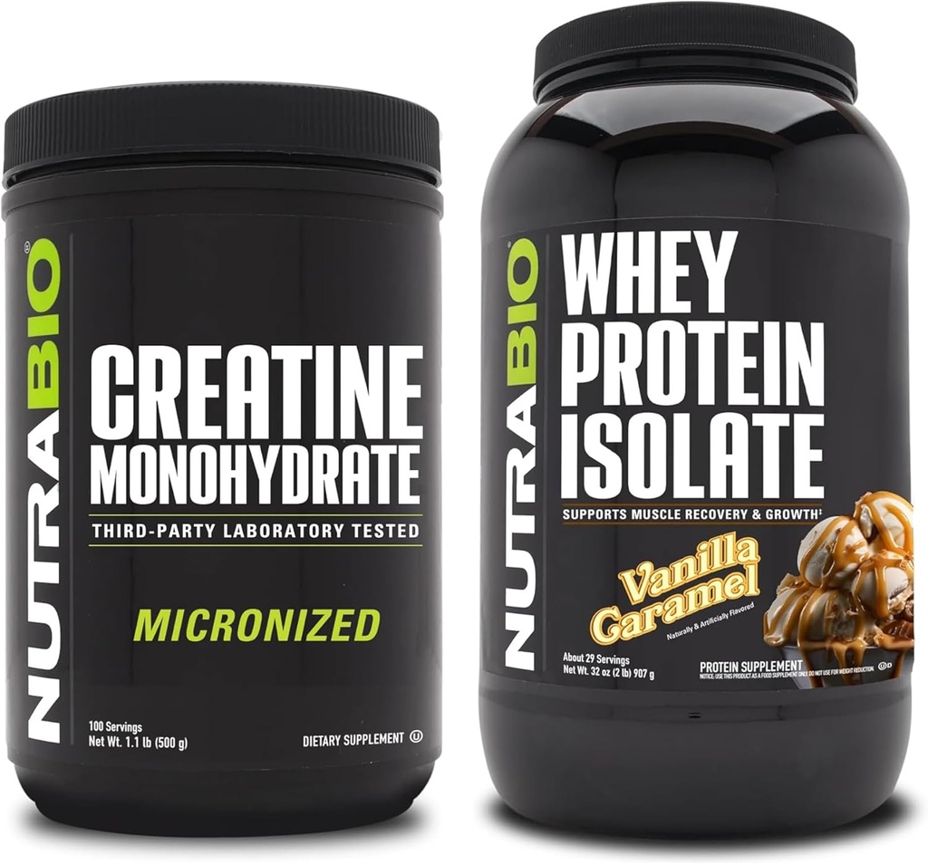 NutraBio Creatine Monohydrate, Unflavored, 500g and Whey Protein Isolate, Vanilla Caramel, Supplement Bundle - Muscle Energy, Lean Muscle Growth, Recovery, and Strength