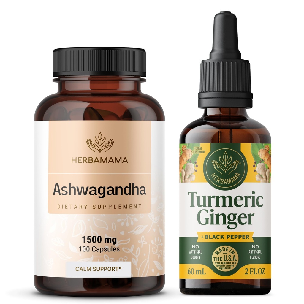 HERBAMAMA Ashwagandha和Turmeric Ginger Kit - 1500 mg Ashwagandha Root Capsules & Turmeric Ginger Tincture 2 fl oz - Vegan,非GMO,糖和无酒精 - 2包