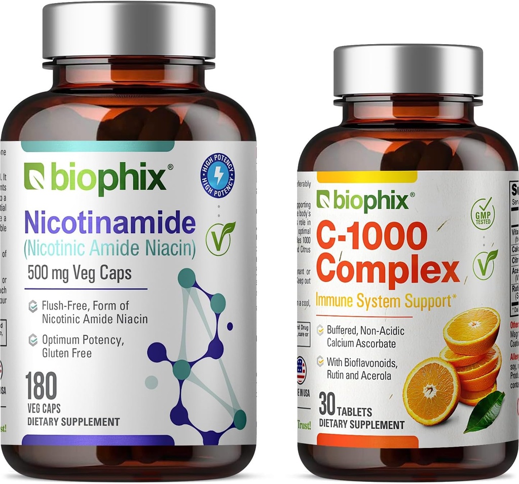 biophix B-3 Nicotinamide 500 mg 180 Vcaps - Free Vitamin C-1000 30 Tablets - Nicotinic Amide Niacin Natural Flush-Free Vitamin Formula - Supports Skin Cell Health