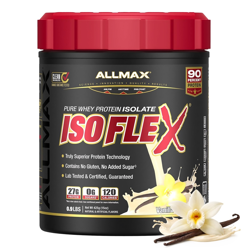 AllMAX ISOFLEX Whey 蛋白质隔离,香草 - 1 lb - 27 grams 蛋白质 Per Scoop - Zero Fat & Sugar - 99% Lactose - Gluten Free & Soy Free - Approx. 15名服务人员
