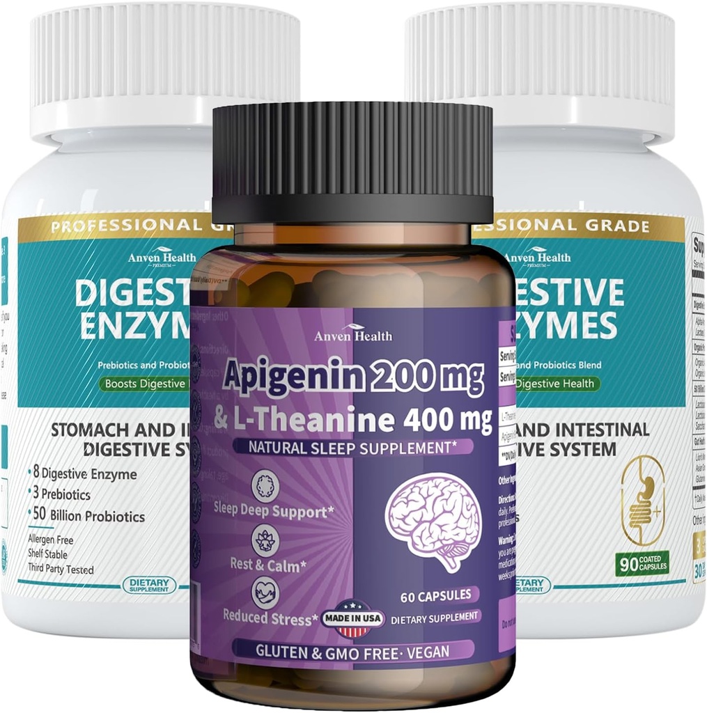 Apigenin 与 L- Theanine + 消化酶  Wellness Bundle – 自然放松,压力缓解和消化支持