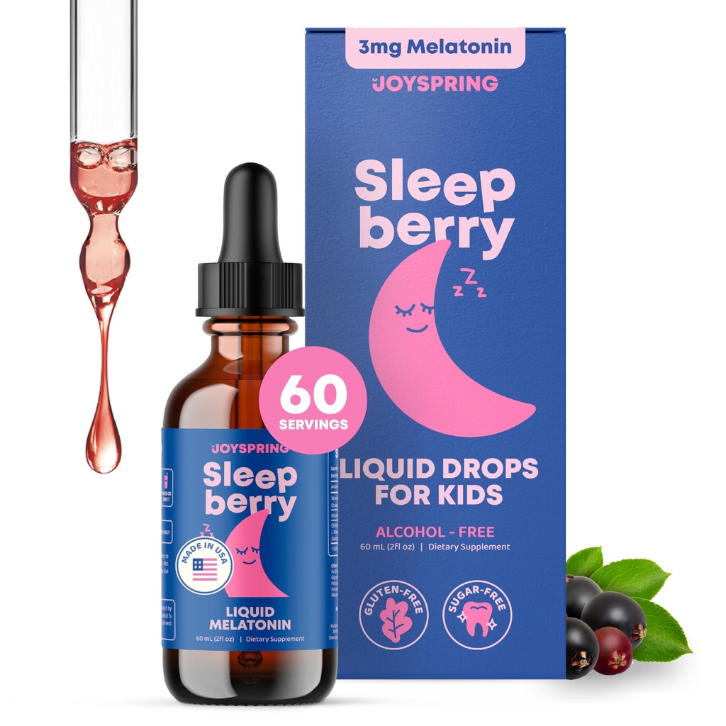 JoySpring Sleepberry Kids Melatonin 3 mg – 配有L Theanine的液体睡眠援助,高吸收贝里滴(2 fl oz) 60 services, 配有维生素D的儿童梅拉托宁 儿童旅行基本知识