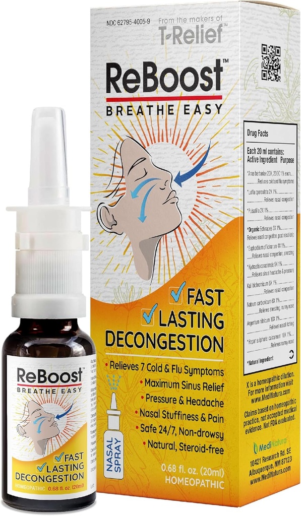 ReBoost Breathe Easy Deconitional Nasray 快速动作冷却和流体症状救济 自然回族病原体 帮助平静摄取,头痛和辛纳斯压力 - 0.68 oz