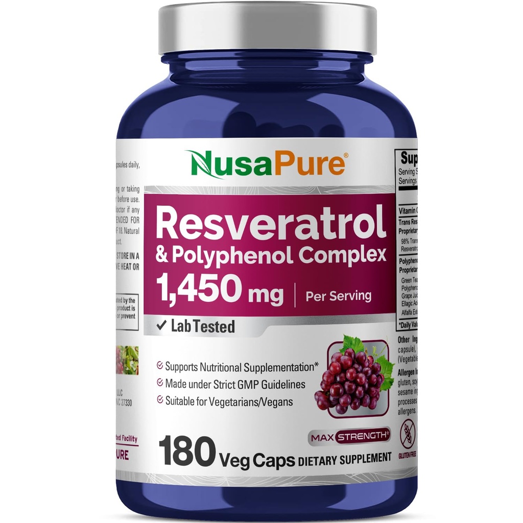 NusaPure Resveratrol和多酚综合体 1450mg 180 植物帽(非GMO,Vegan) 维生素C