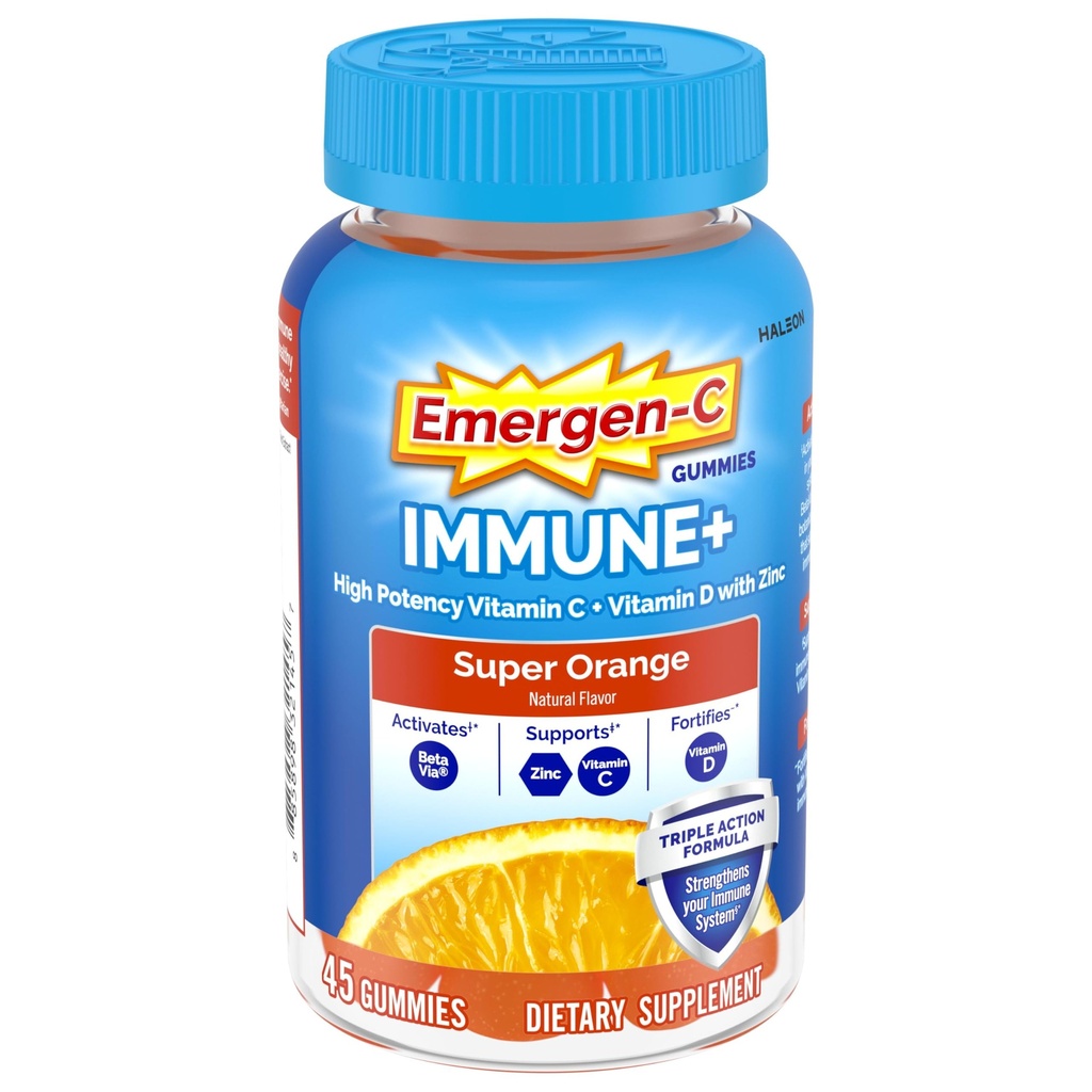 Emergen-C Immune+ 三元动作Immune支持Gummys,BetaVia(R),1000mg维生素C,B维生素,维生素D和抗氧化剂,超级橙 - 45个计数