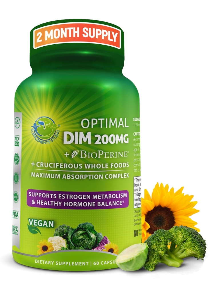 最佳DIM 200mg 男女补充剂 -- -- 用有机全食制成 -- -- 雌激素和荷尔蒙平衡支持二英多利甲烷复合体 -- -- 最大吸收延迟释放盖 -- -- 60个