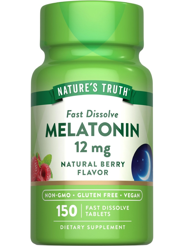 Nature's Truth Melatonin 12 mg → 150 平板电脑 → 快速溶解 → 天然Berry Flavor → Vegan, Non-GMO & Gluten 成人免费补充