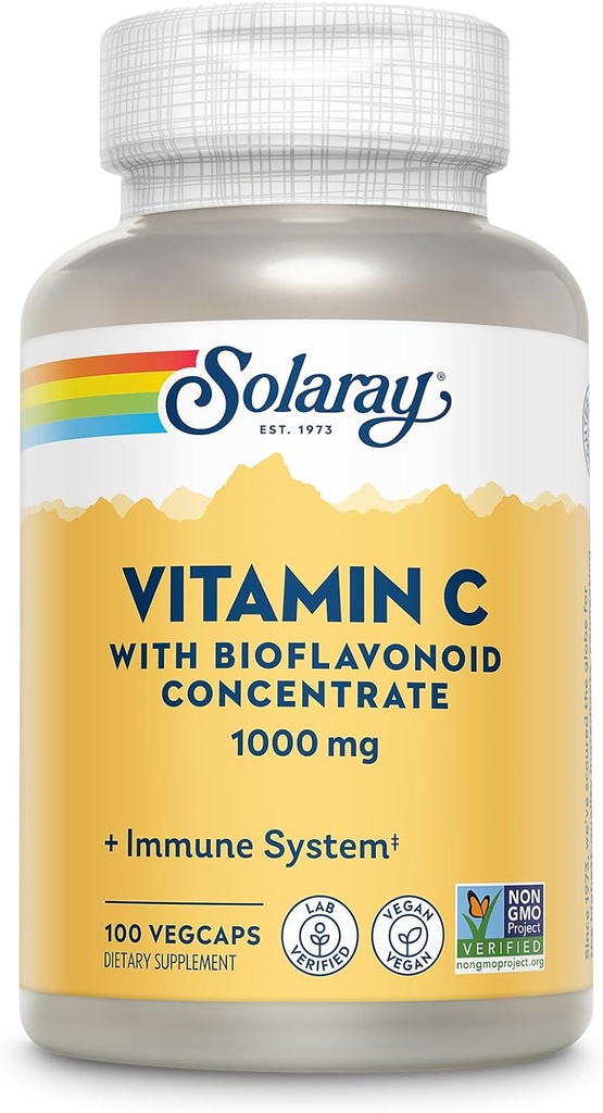 SOLARAY 维生素C 1000mg 与生物氟化物集中 - 维生素C 夹带玫瑰HIPS和Acerola Cherry - 抗氧化剂、心脏健康和免疫支持补充剂,Vegan、Non-GMO、100 服务