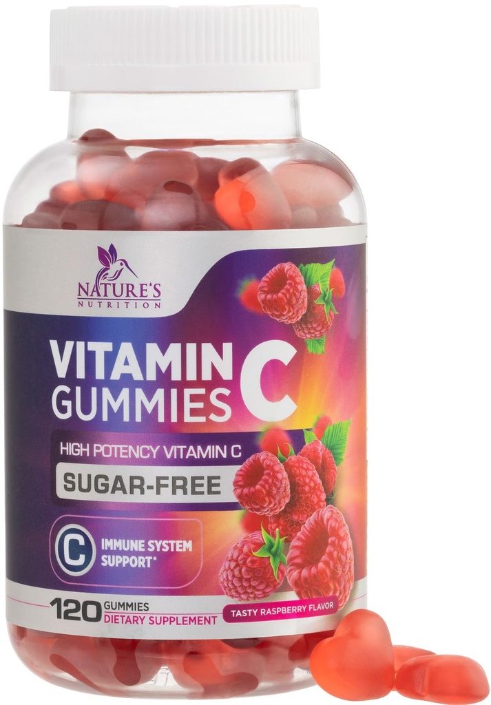零糖维生素C Gummys - 免疫支持和抗氧化剂维生素C 饮食补充 - Vegan,Non-GMO,奶油和Gluten Free C Vitamin Gummy - 儿童与成年人的Raspberry Flavor - 120 古米县