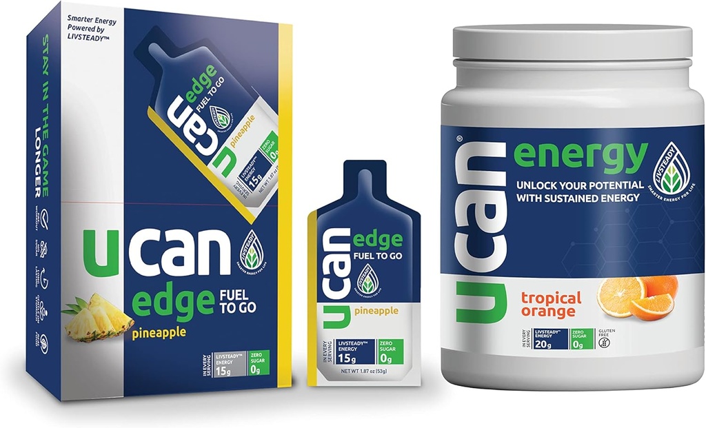 UCAN Pineapple Edge Energy Gel & Orange Energy Powder - Great for running, training, fieldness, cycling, Crossfit & More QQQ 无糖, Vegan, & Keto 友好能源补编