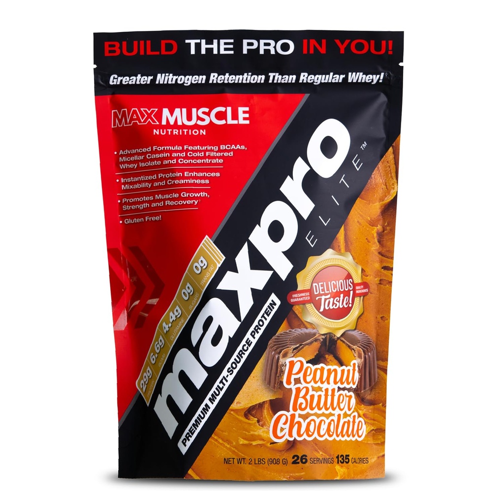 Max Muscle Maxpro Elite 蛋白质蛋白粉 → 30g 蛋白质 → 0g 糖 → 6.6g BCAAs → Micellar Casein 冷过滤 Whei 孤立蛋白 → 促进肌肉生长和复苏(PB巧克力, 2lb)