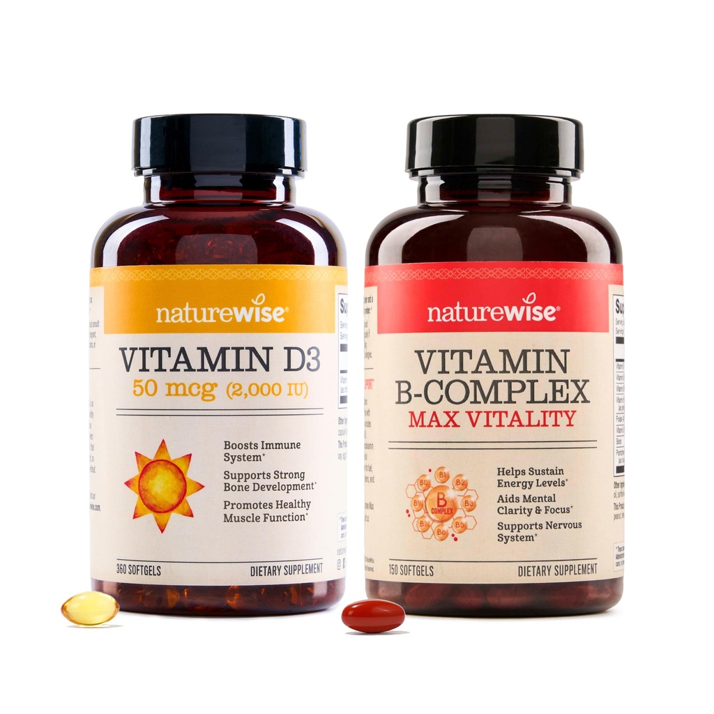 NatureWise Vitamin D3 2000iu 360 Count and Vitamin B Complex 150 Softgels - 健康肌肉功能,免疫支持,细胞能量,精神清晰度