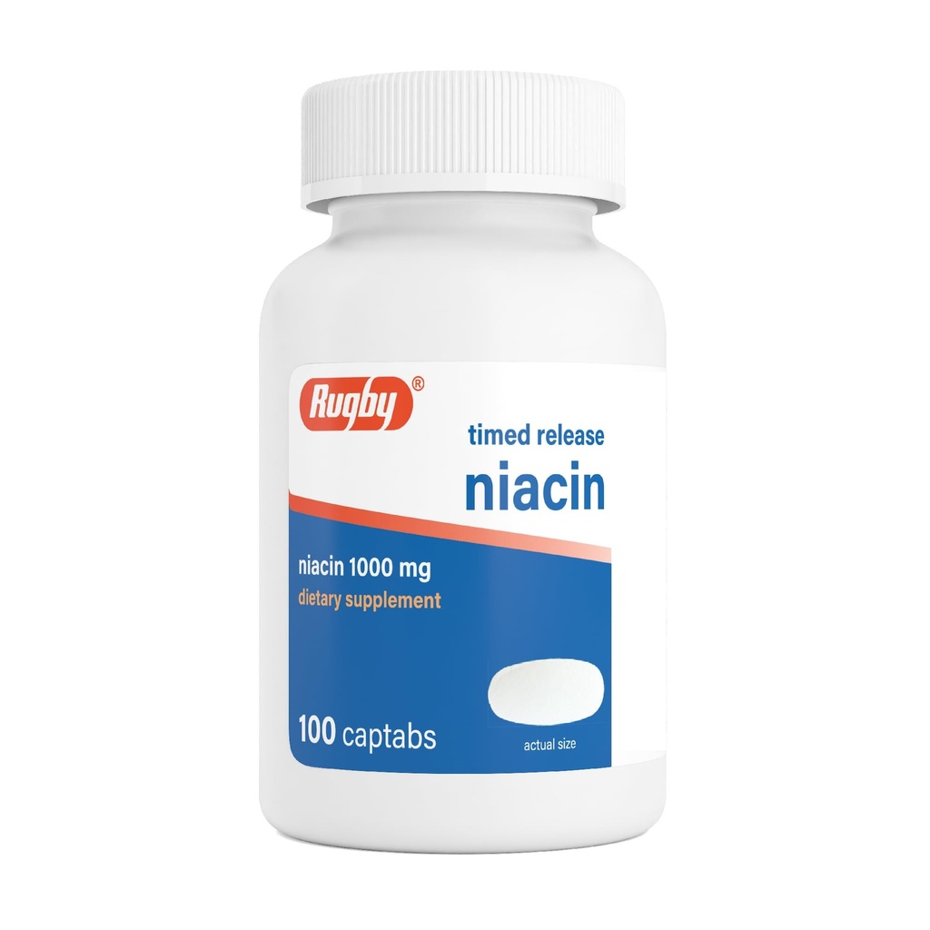 Rugby Timed-Release Niacin 1000mg 成人能源、流通和代谢支助膳食补助,100 Captabs (Pack of 1)