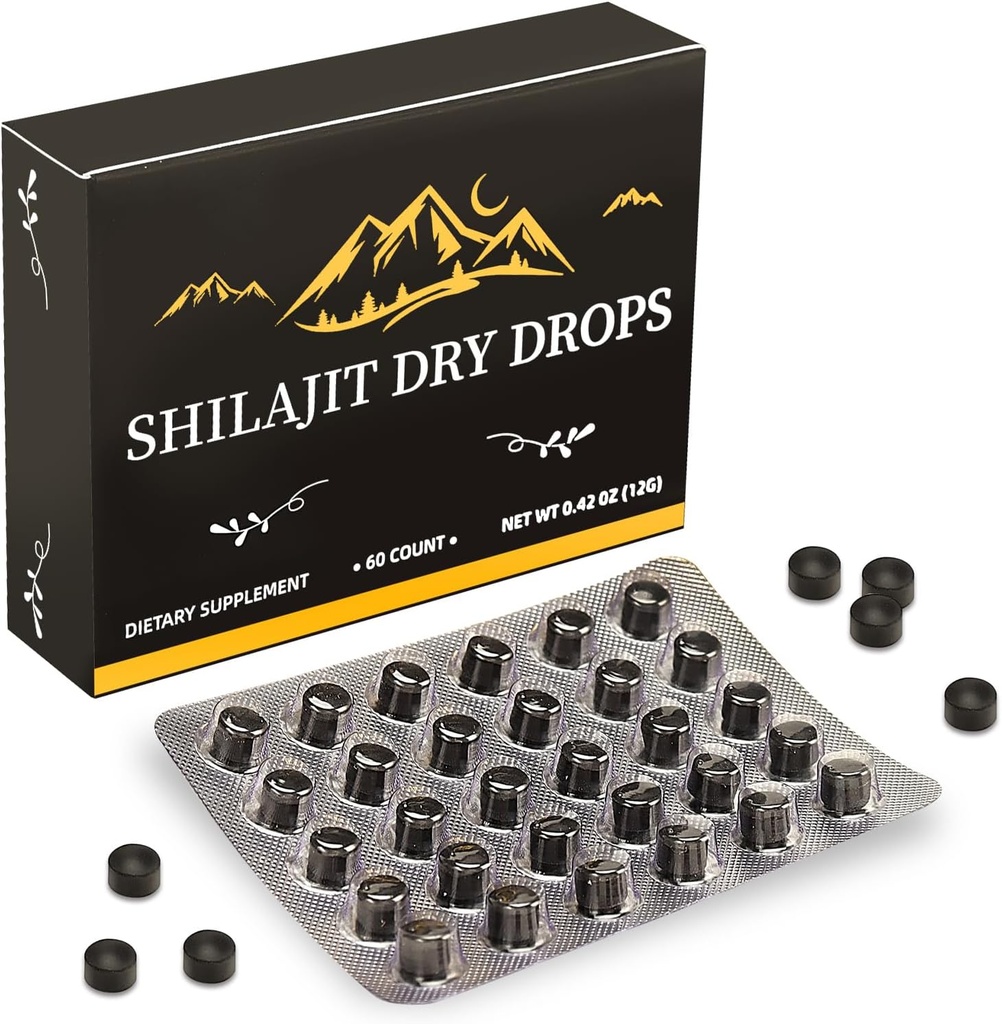 希拉吉特纯喜马拉雅干燥液滴 | Hilamaya shilajit, 免疫支持, Pure Natural shilajit → 85+ Trace Minerals & Fulvic Acid for Energy, 纯喜马拉雅干燥液滴 60 片(1包)