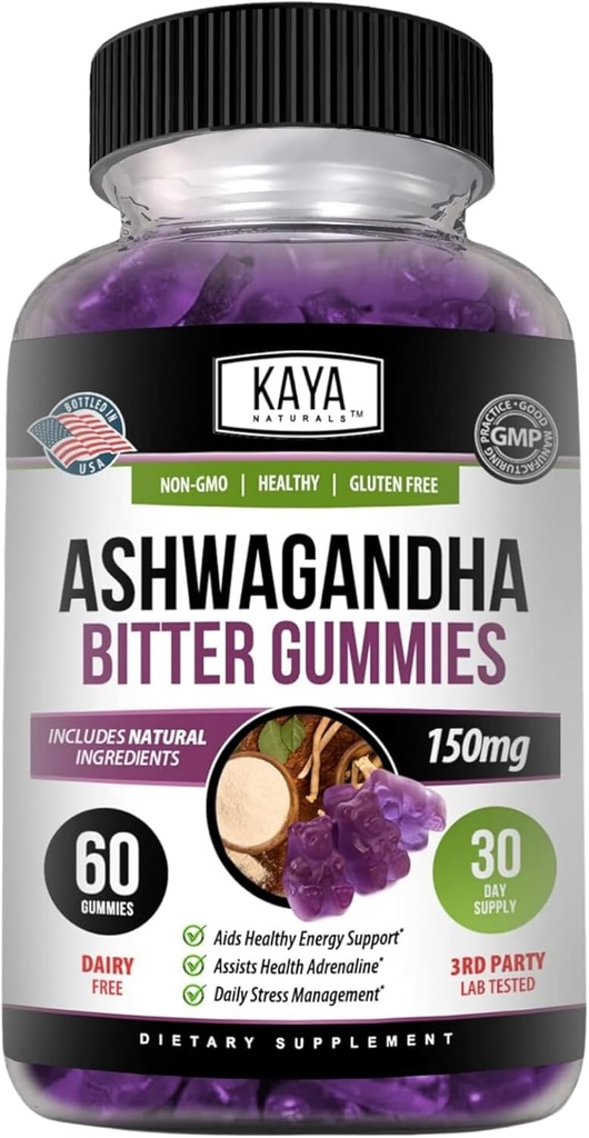 Kaya Naturals Ashwagandha Bitter Gummys - 减轻自然压力、促进能量和精神清晰度、非GMO、Gluten-Free、Chewable Gummys - 60个伯爵