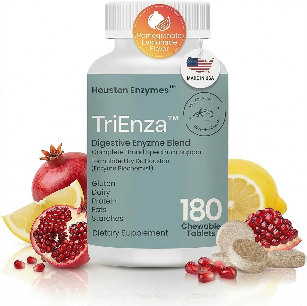 Houston Enzymes TriEnza - Gluten, Casein, Soy,蛋白质,Carbohydrates, Fats & Polyphenols - 女性和男性的消化酶(180块可切片)