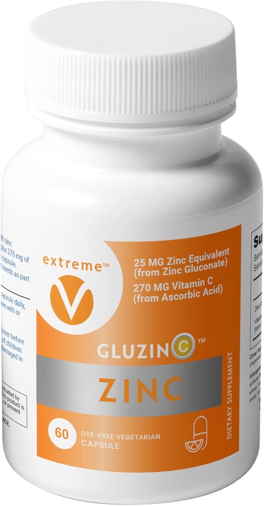 GluzinC 锌和维生素C 补充 + 25 mg 锌 Gluconate + 270 mg Ascorbic Acid → 每日 Immune营养物 → + 60 Veg Caps