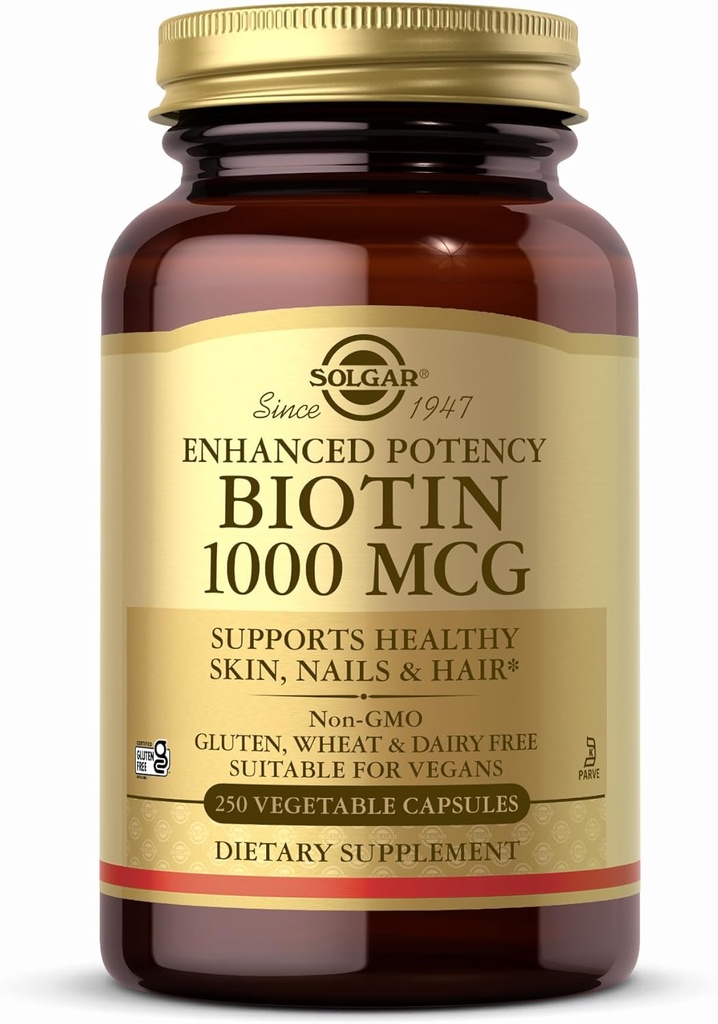 Solgar Biotin 1000 mcg - 250 蔬菜夹层 - 支持健康皮肤,钉子和头发 - 非GMO, Vegan, Gluten Free, 奶制品 Free, Kosher - 250 服务