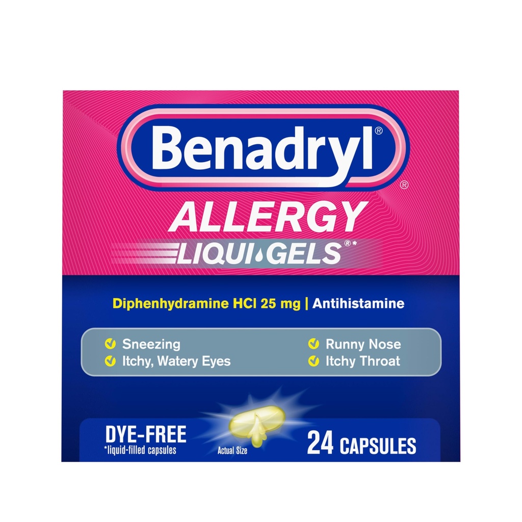 Benadryl Liqui-Gels过敏性医学,无染色液Gel Capsules,25毫克二苯胺HCl抗希斯胺,用于缓解过敏和冷症状,如Runny Nose和喷嚏,24厘米