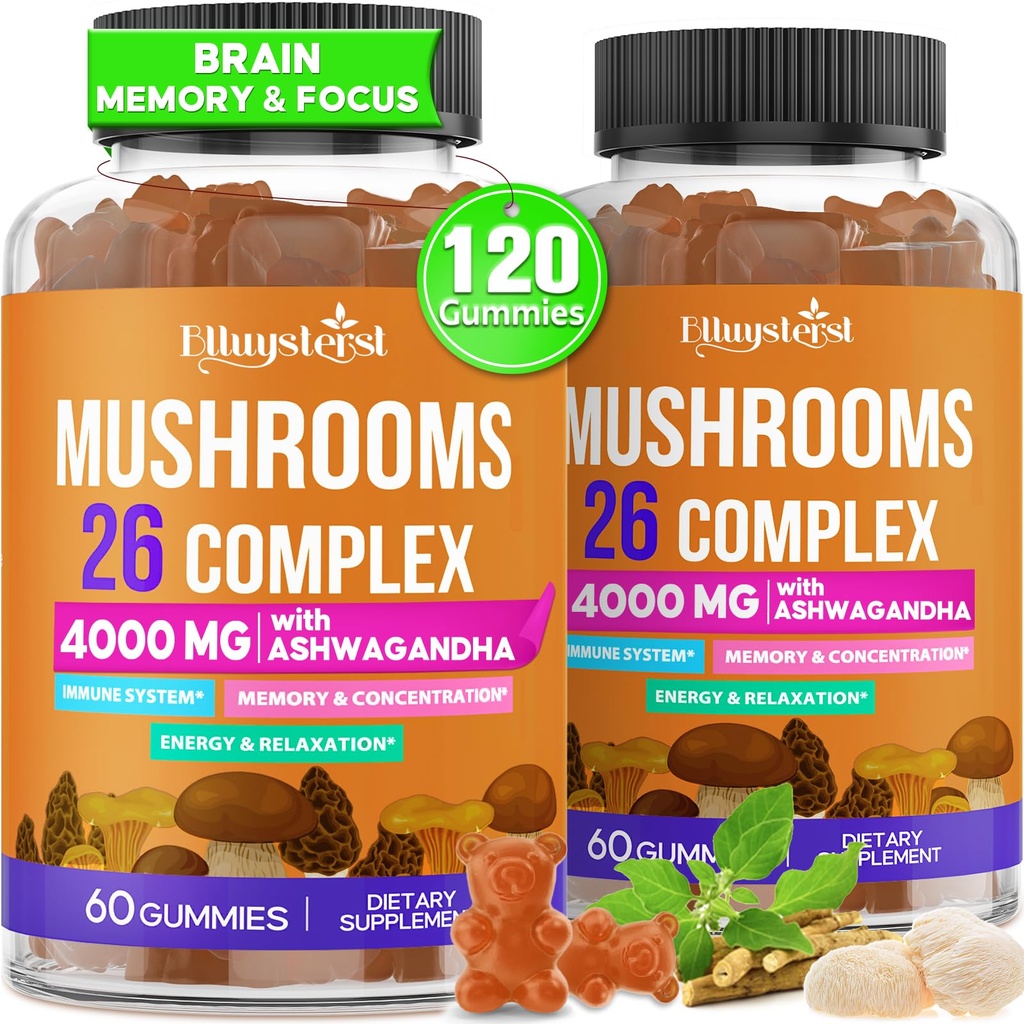 成人蘑菇包,4000mg,记忆和焦点的大脑补充,26 in 1 蘑菇包,配有 Ashwagandha & Lion's Mane, Turkey Tail, Reishi, Cordyceps, Organic, 120 Count
