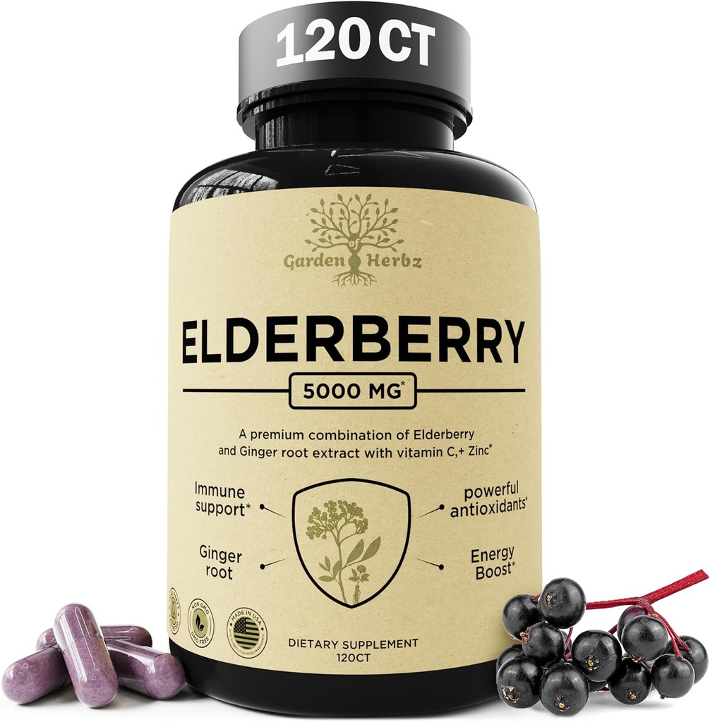 配有维生素C、锌、姜的长老莓 – Potent Immune Booster 5000 Mg 长老莓、锌、和维生素C – 非GMO 成人维生素豁免 帮助你感受活力,120 Caps
