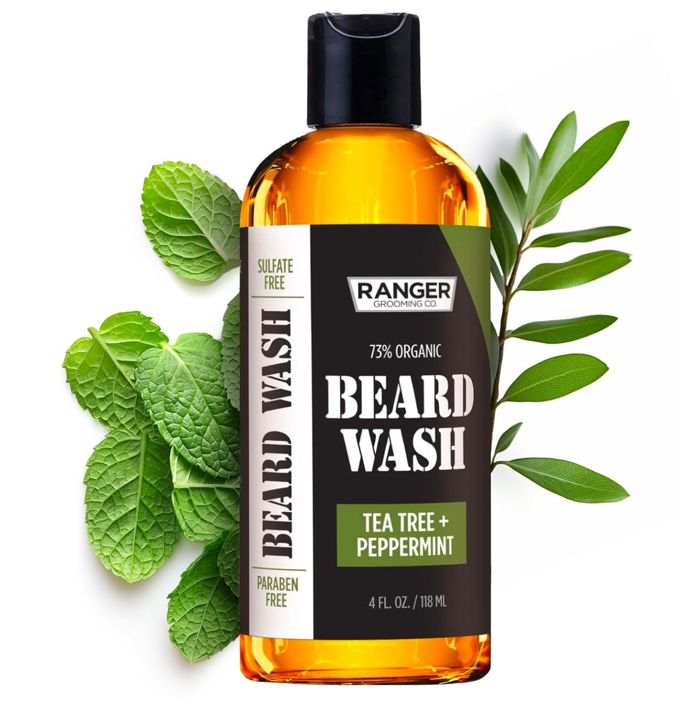 Leven Rose Beard Wash Shampo, 由游侠Groming Co, 硫酸自由天然胡子清洁剂和男性条件器, 茶树和辣椒薄荷促进生长和 Thicking, Paraben Free 4 oz