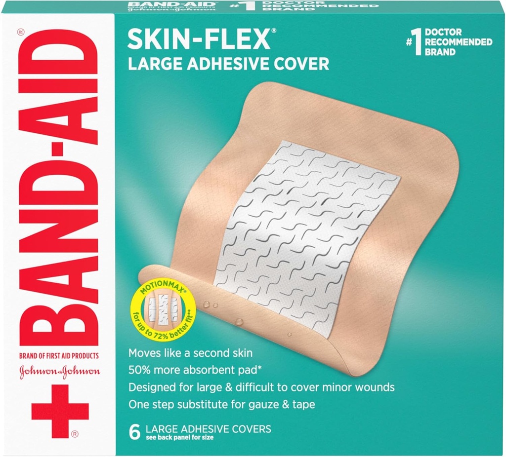 Band-Aid Brand Skin-Flex Adhessive 软伤盖,用于小伤口、破伤风和烧伤的急救护理,带有舒适的感受,像第二皮肤一样移动, Steile, Lige, 6 cmt