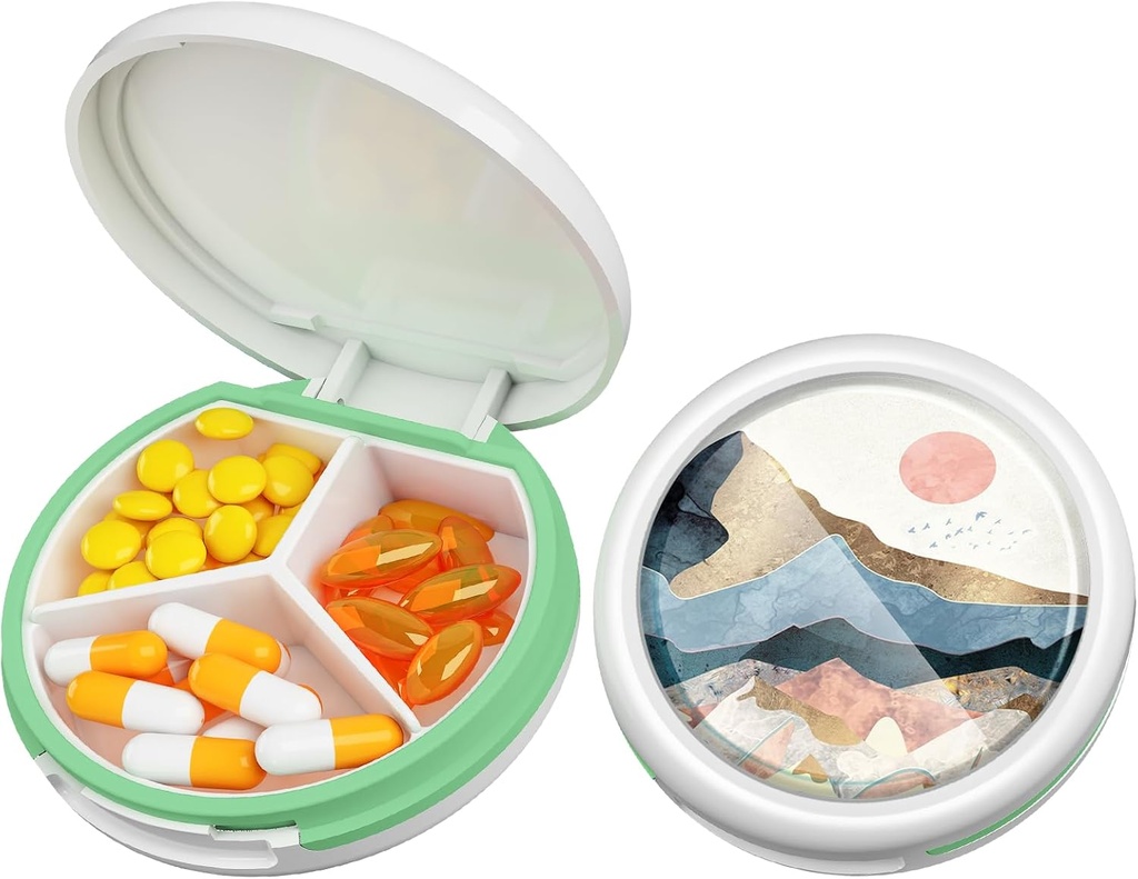 Serfeymi小药盒 - 3 Portable Pill Box for Purse Pocket, Compact mini Travel Pill case - 适合医药,维生素,鱼油,补充品 - White(山日出)