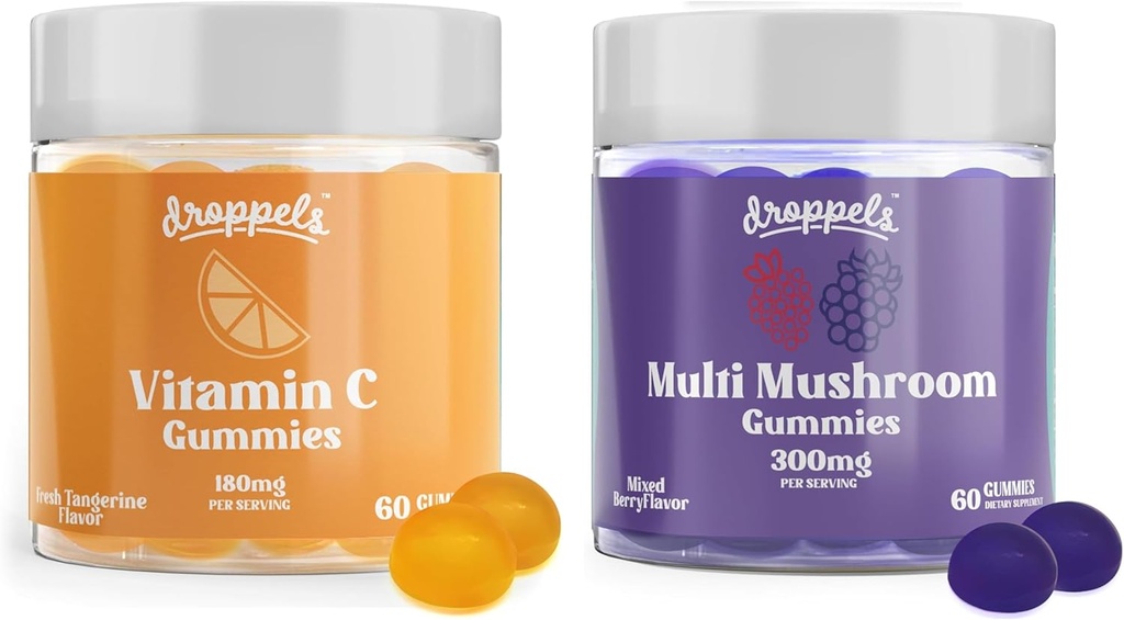 Droppels 多蘑菇和维生素 C Gummys Bundle | Vegan Immune 支持补充 | 蘑菇 与Reishi, Lion's Mane, Chaga & More + 180mg 维生素 C | 混合贝里和唐格林火焰, 2