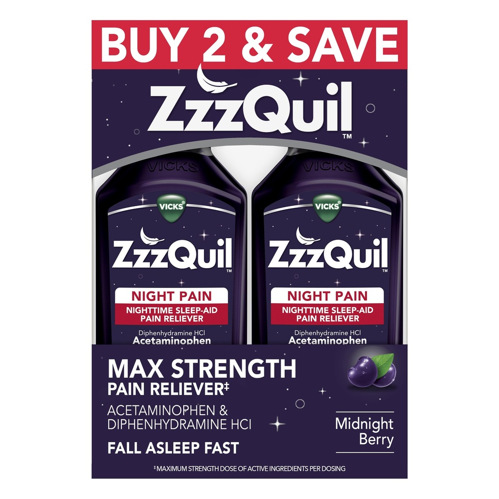 ZzzQuil 液体、最大强度疼痛救生器、夜间睡眠援助液体、Acetaminophen 1000mg、二苯胺50mg CHI、非海比特成型、午夜贝里火焰、2包、24FL OZ