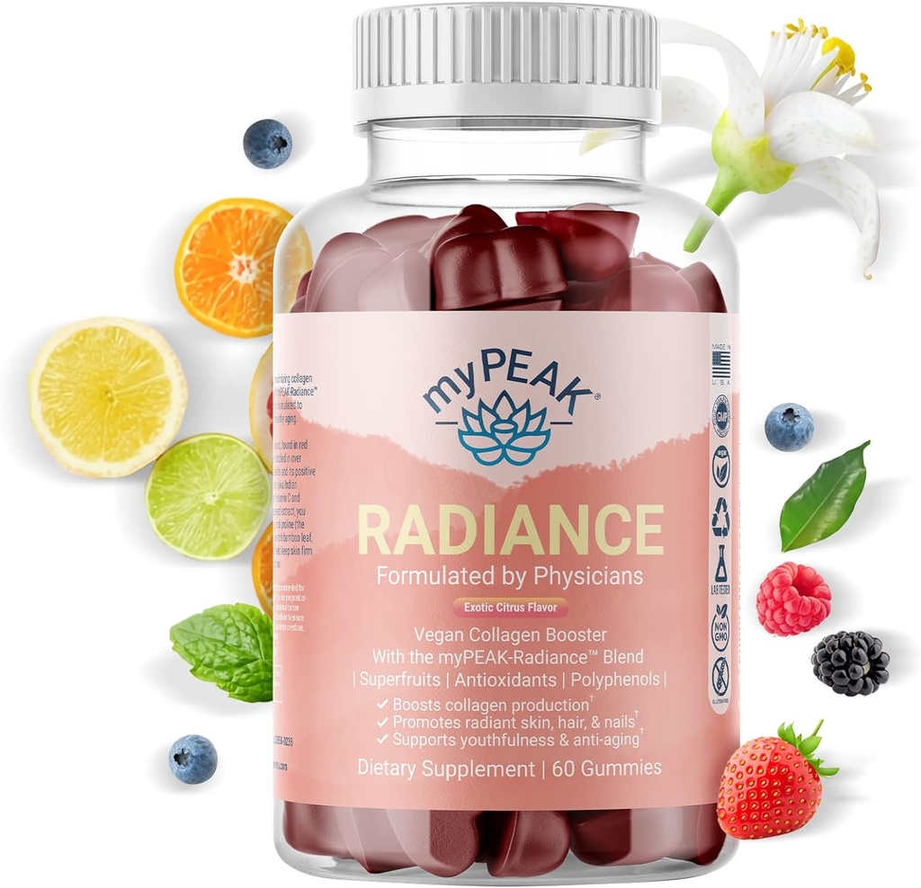 MyPEAK Radiance Vegan Collagen 助推器和超级果实胶片, 配有超级果子和皮肤增殖营养素的柯拉根补品, 头发皮和钉子肉片换美人, 60 Gummys