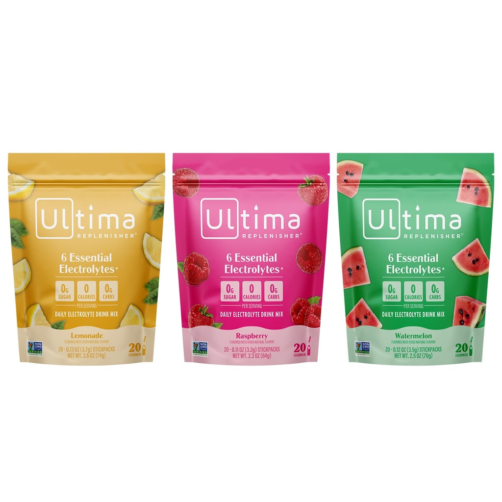 Ultima Electrolyte Powder Drink Mix Bundle – 无糖糖 – Lemonade 和 Raspberry 和 西瓜, 20 个粘贴包装 – 6 个电解质和矿物 – Keto Friendly, Vegan, Non-GMO