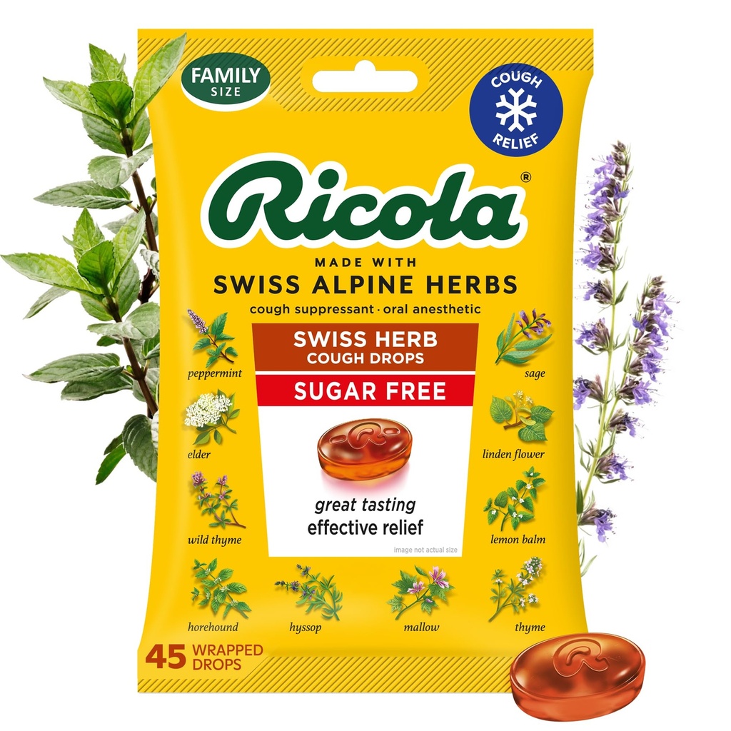 Ricola Free Switzeral Herb Cough Drops, 45 Counter, Cough Sprintant & Throat Relieving Drops with Natural sourced Menthol, Please Taste for Coughs and Throat 激素症状缓解药剂