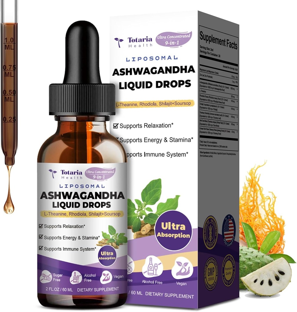 Totaria Liposomal Ashwagandha 液滴, 超强 Ashwa 根提取剂,配有 Shilajit, Ginseng, Magnesium, Soursop, L-Theanine, 60毫升