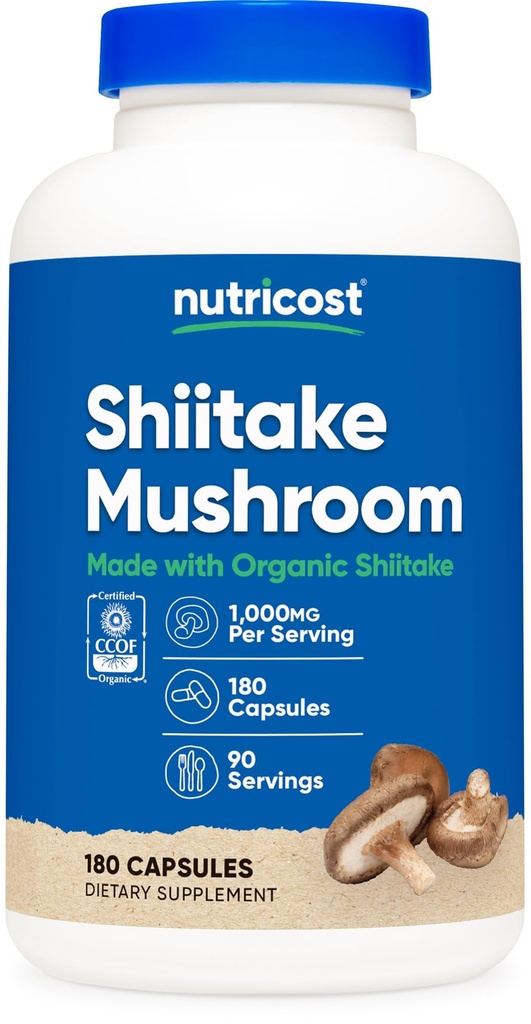 Nutricost Organic Shiitake Mushroom Capsules 1000mg, 90 Servings - CCOF Certified Made with Organic, Vegetarian, Gluten Free, 500mg Per Capsule, 180 Capsules