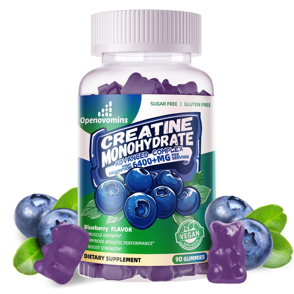 Creatine Monohydrate Gummys for Men and Women - Advanced Formula W/L-Taurine + Vitamin B12, 糖无嚼补充,90 蓝莓Gummys