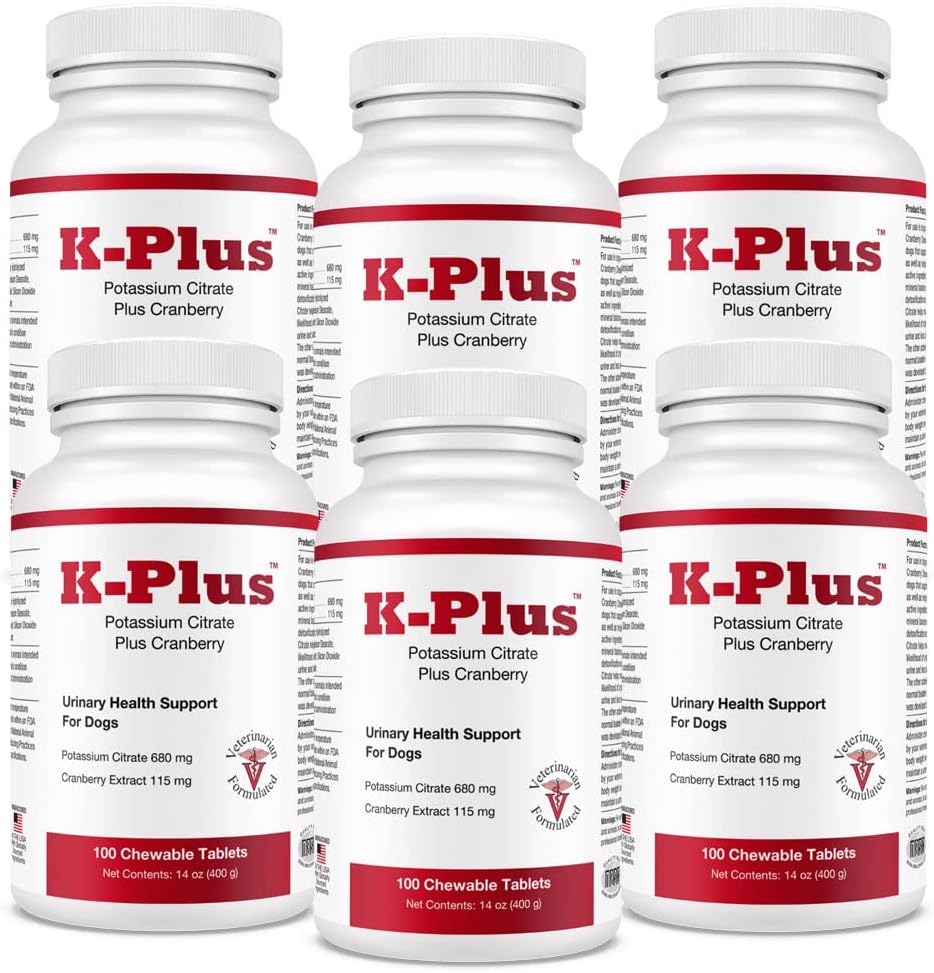 K-Plus Potassium Citrate Plus Cranberry 狗类补充剂 - 兽类批准的UTI补救措施 - 支持Bladder健康 - 每只狗饲养 - 6-Pack(600ct)