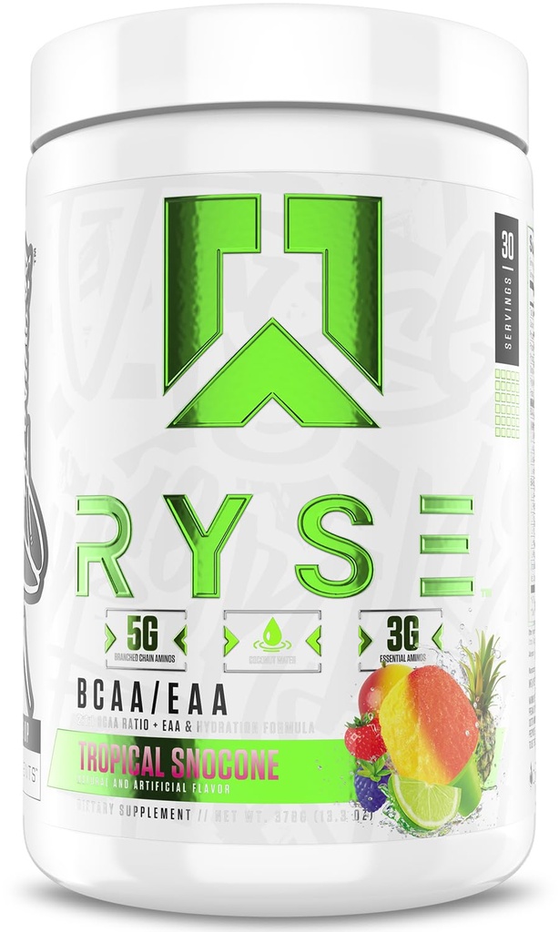 RYSE BCAA EAA粉 - 热带斯诺酮 - 5g 分支链氨基酸,3g 基本氨基酸,用于前期和后期运动肌肉恢复、水分和强度的无糖电解剂 - 30种