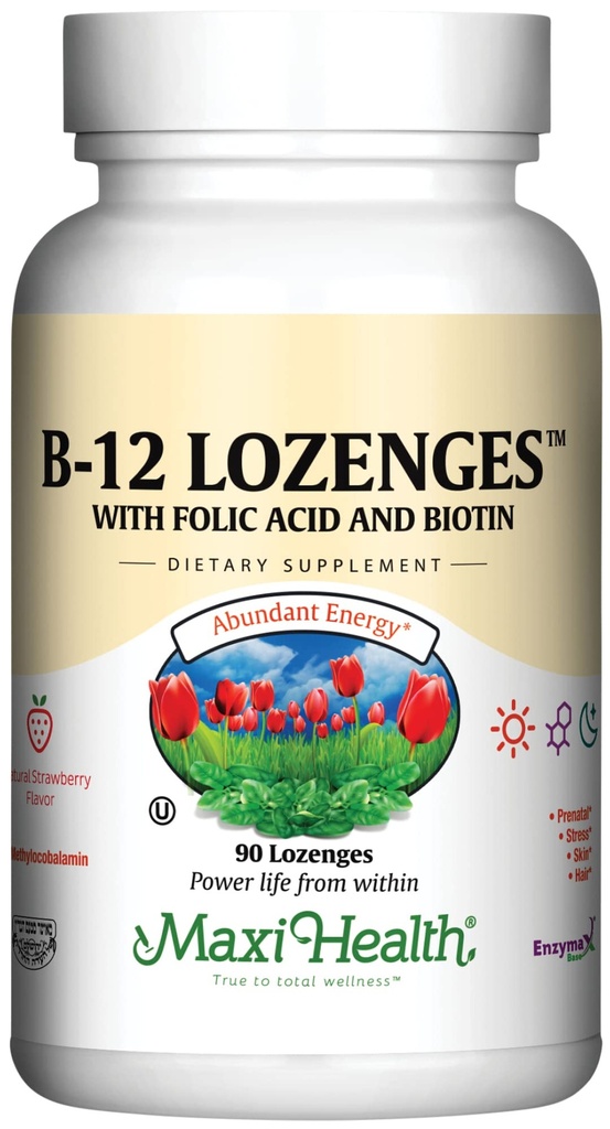 维生素B12 含叶酸和生物素的Lozenges - 副语言B 12 维生素草莓 Flavor - 蔬菜科舍 B 12 维生素 - VIT B12 红血球生产和能量补充剂(90 Counter)