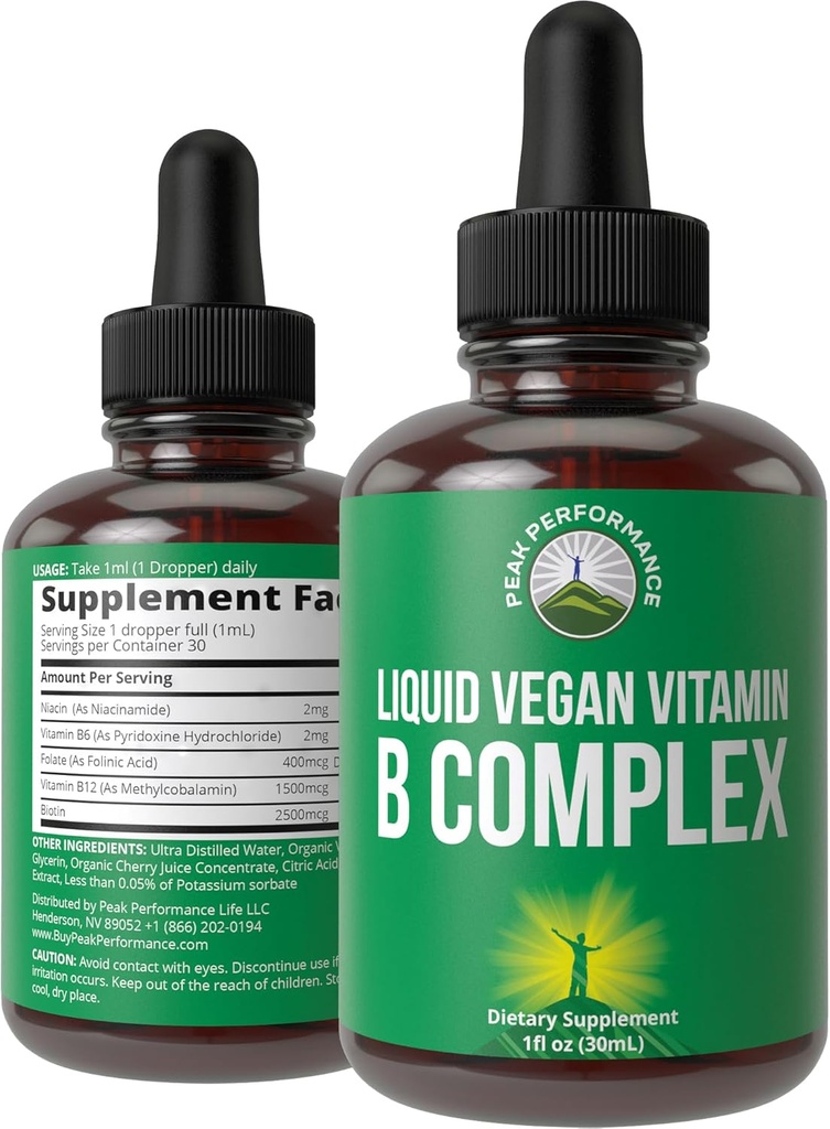 B 复杂液体滴 Vegan 补充。 最佳5B维生素与B3 Niacin,B6,B7 Biotin,B9 Folate,Methycobalamin B12. B-Complex for Hair, Skin Nails, Energy. 成人、男子、妇女