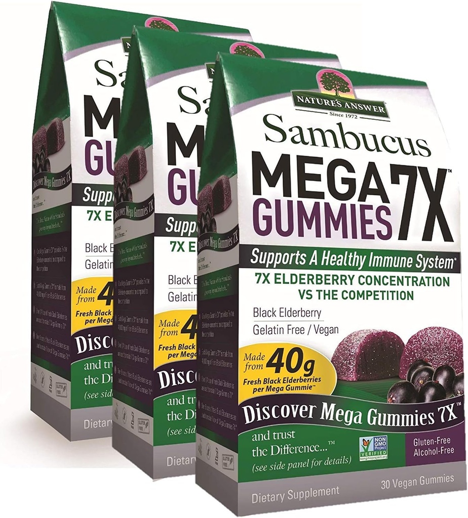 自然之答(Sambucus Mega Gummys QQ 7X More Elderberry Content) 无酒精,无胶,无胶,无胶,Vegan,非GMO和无防腐剂(Pack of 3) 30ct Gummys (Pack of 3)