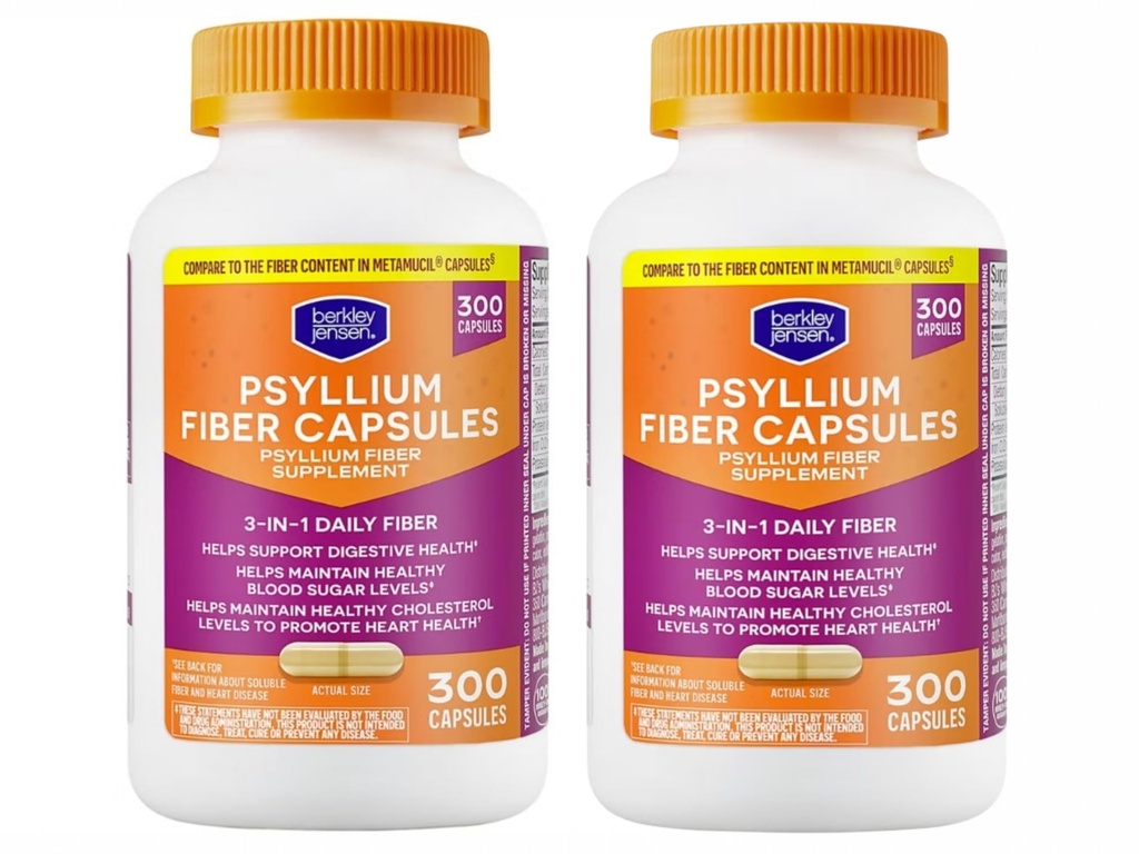 Berkley Jensen Daily Psyllium Husk 补编(600年 - 计数), 男女天然纤维 - Fiber Capsules 用于整体消化健康, Easing Captions, Aiding Nutrient 吸附, 在美国制造