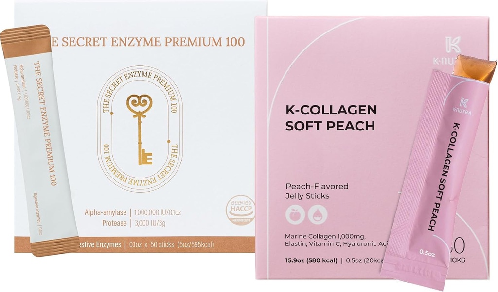 秘密酶 Premium 100(50棒) & K- Collagen Soft Peach Collagen Jelly (30棒) 用于消化健康,皮肤健康