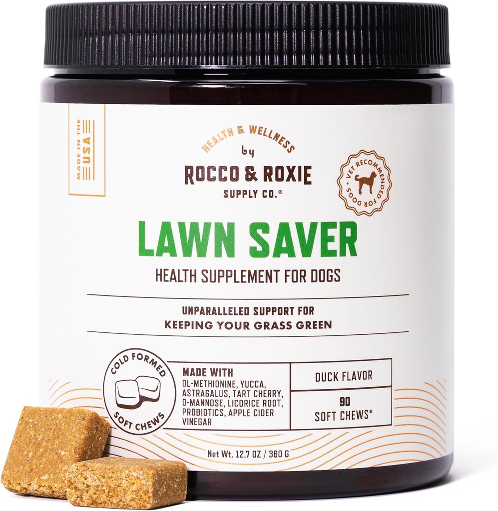 Rocco & Roxie Dog Urine 草坪中性剂,Green Grass Saveers for Dog Urine Pee Spots, UTI 健康与Bladder Control Suppose with D-Mannose, Apple Cider Vinegar & DL-Methionine, 90ct 软厨师
