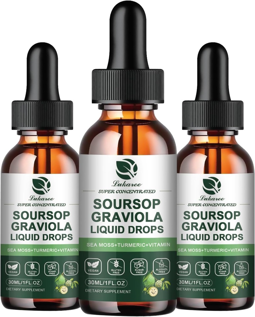 (3 Pack) Soursop Graviola Leaf 提取液滴 Plus 纯植物海摩斯用于细胞支持和再生,豁免,活体,Gut & Antioxidant - Soursop Bitters Liquids, 90日供应, 1 Fl Oz