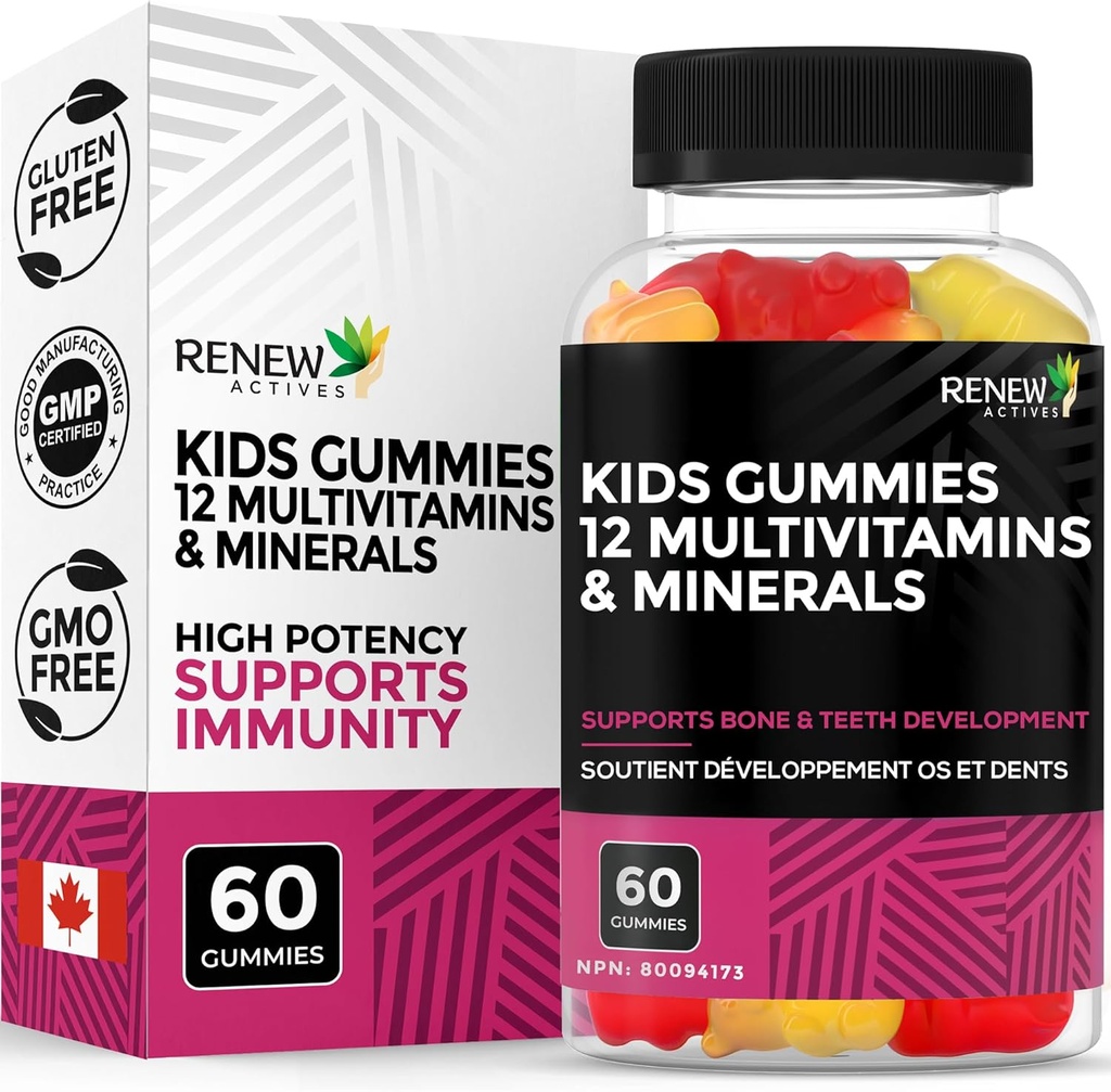 更新活动儿童 多维塔明 4 Gummys 个人服务 – 支持健康,头发,皮肤,钉子,视力,强骨,牙齿和口香糖 – Tasty & Nutrient-Rich 用于成长儿童 – 加拿大制造 – 60 Gummys
