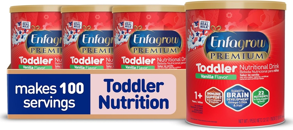 Enfagrow Premium Toddler 营养饮料,香草Flavor,Omega-3 DHA 支持大脑,预生和维生素 免疫健康,粉罐,32 Oz,包装4