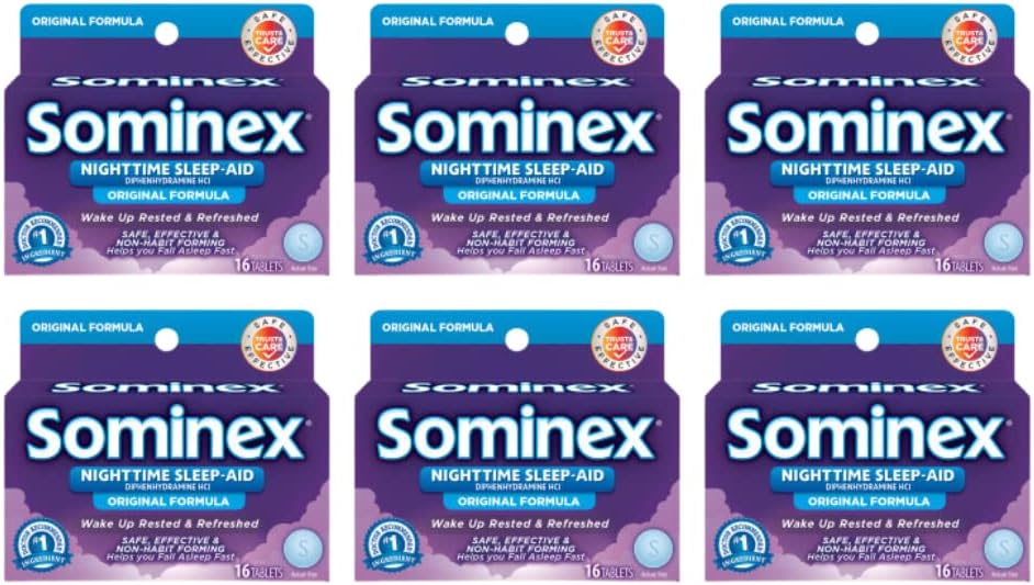 Sominex 夜间睡眠辅助剂,二苯胺HCl 25毫克,原配方,16片,(包装6)